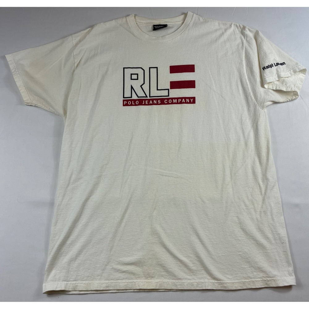 Polo Jeans Co Ralph Lauren T-Shirt Mens Large White Graphic RL Logo Tee Good